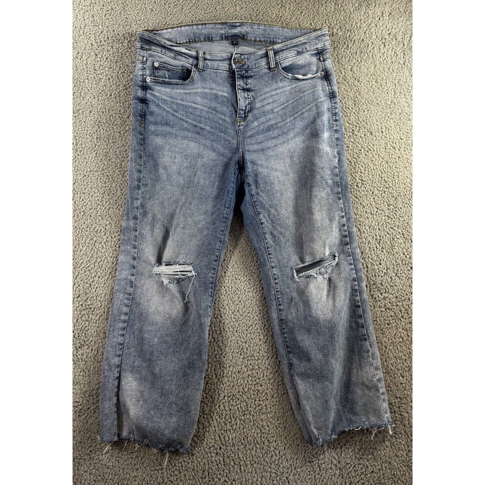 INC Straight Leg Jeans Women 18W Light Wash Distressed Fringe Hem Boho Festival